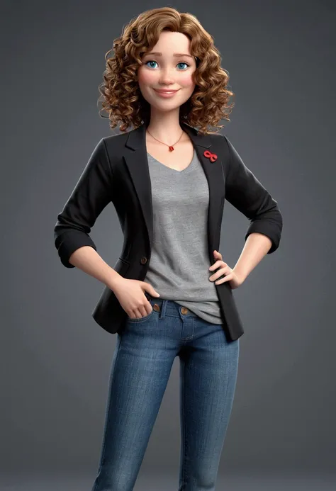 A 37 year old woman, with very curly brown shoulder length hair and highlights, round face with charming smile, and blue eyes, wearing an elegant gray t-shirt, black blazer, and a pair of fashionable jeans. full - length portrait, looking at the camera, 3d...