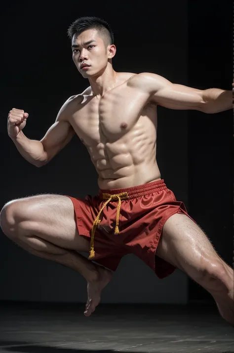 A male kungfu athlete in a fighting stance, with a plain background