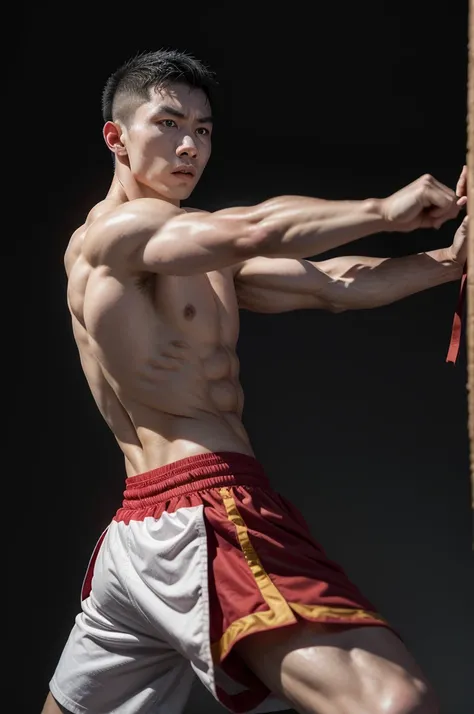 A male kungfu athlete in a fighting stance, with a plain background