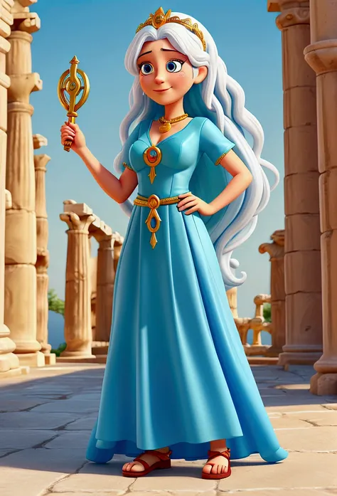 Cartoon character of a woman, A GREEK GODDESS, She is the Goddess of creativity, deusa Teka, she has long white hair, wear a blue dress , red and teal and yellow. In your hands paint brushes, She&#39;s in a Greek ruin, by your side your faithful mascot Bet...