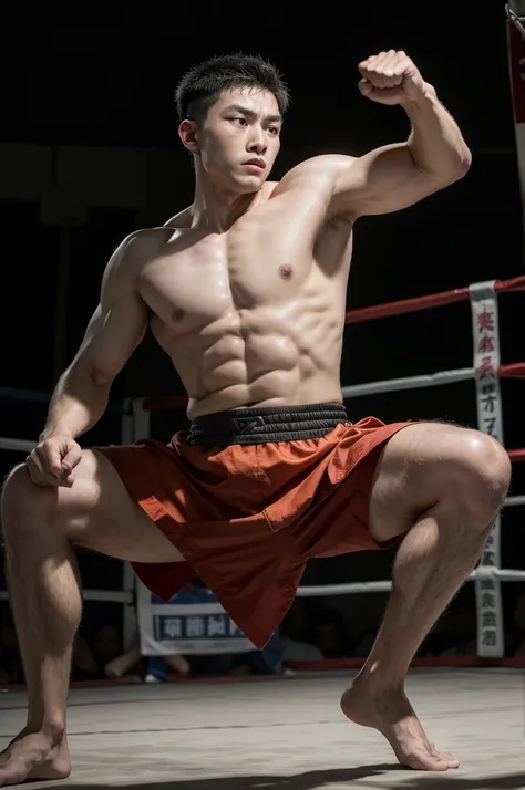 A male kungfu athlete in a fighting stance