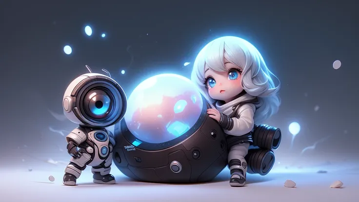 fully body photo，Beautiful female alien，Small and cute，Wearing a black and white mech ，Big cute eyes，dreamy glow，Ren，White background，globalillumination，Ray traching，hdr，The rendering is not realistic，reasonable design，high detal，tmasterpiece，Best quality ...