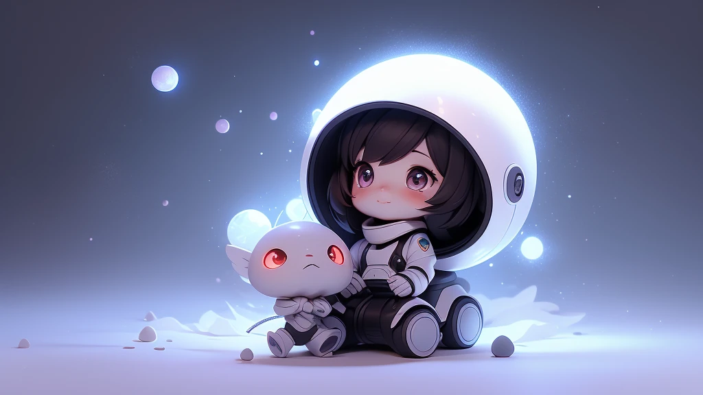 fully body photo，Beautiful female alien，Small and cute，Wearing a black and white mech ，Big cute eyes，dreamy glow，Ren，White background，globalillumination，Ray traching，hdr，The rendering is not realistic，reasonable design，high detal，tmasterpiece，Best quality ...