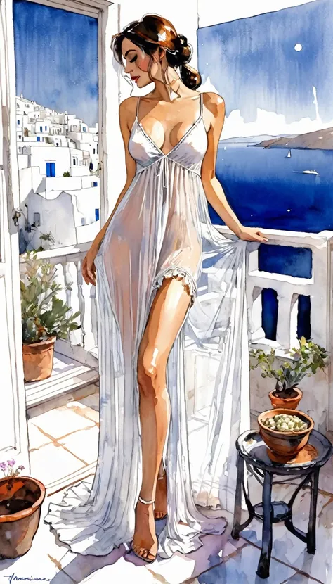 eroticism, sexy, transparent nightgown, luxurious room, open terrace overlooking typical Greek village, tmari, sketch, traditional media, pen drawing, white background (art inspired by Bill Sienkiewicz). oil painting)
