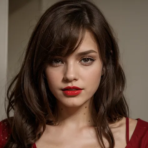 1 solo girl, brunette smooth hair, red lips, head, looks straight ahead