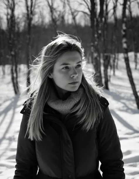 a girl in a winter landscape, long hair blowing in the wind, face slightly out of focus, light leaks and film grain, 1000 ISO, black and white, holga 120n, (best quality,4k,8k,highres,masterpiece:1.2),ultra-detailed,(realistic,photorealistic,photo-realisti...