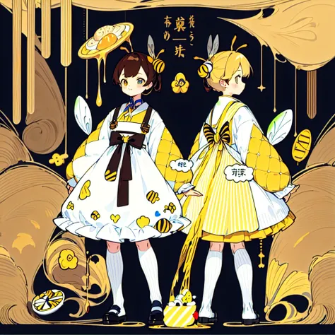 (Golden Ratio:1.2),[White background:1.4)::10],(masterpiece), (Highest quality), (Super detailed),制Clothing design、Clothing design、apron、sweets屋さんの服、Yellow Stripes、Frills、sweets、On the theme of brown and yellow、two kinds、For men、For women、Design drawing、me...