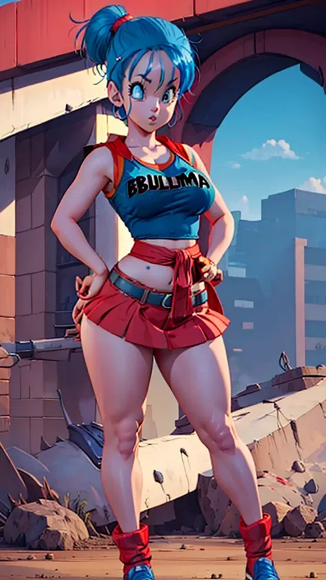 bulma beautiful with her red miniskirt big breasts and big hips small waist full body blue hair