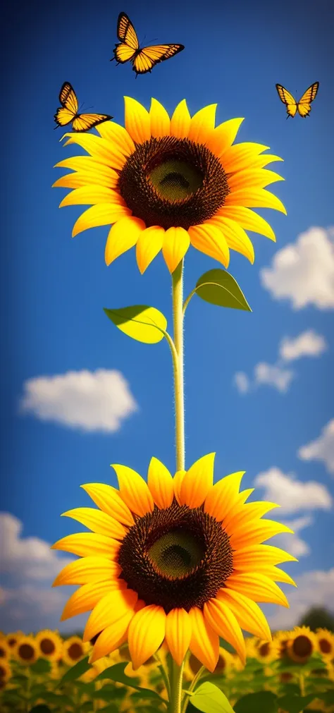 Create a picture of a 3D sunflower floating on the mobile screen with some butterflies flying around., 3d (cyborg:1.1), hdr, details, hyperdetailed:1.2), Vignette, centered