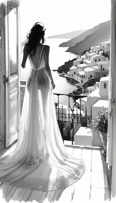 eroticism, sexy, transparent nightgown, luxurious room, open terrace overlooking typical Greek village, tmari, sketch, traditional media, pen drawing, white background (art inspired by Bill Sienkiewicz). oil painting)
