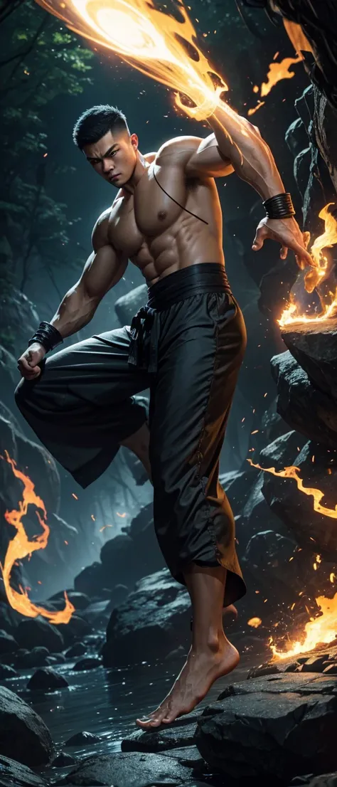 mid-angle shoot, side-angle view, fish-eye effect, a big muscular body Chinese young man, buzz-cut hair, wearing a grey yukata pants, dark style, barefoot, shawl cloth floating, wearing thunder gauntlets, clashing fist, a yellow-black lightning effects, a ...