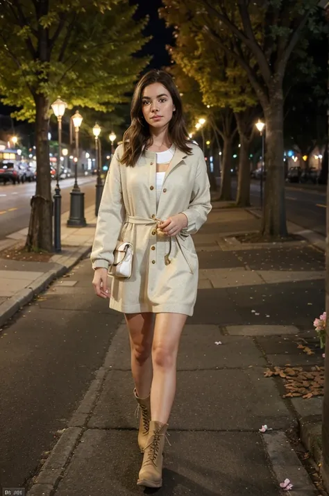 A full-body image of a  brunette woman with freckles, looking serene and content. She is wearing a light jacket over a dress, with ankle boots. She is walking on a quiet street lined with trees, holding a small bouquet of flowers. The background features s...