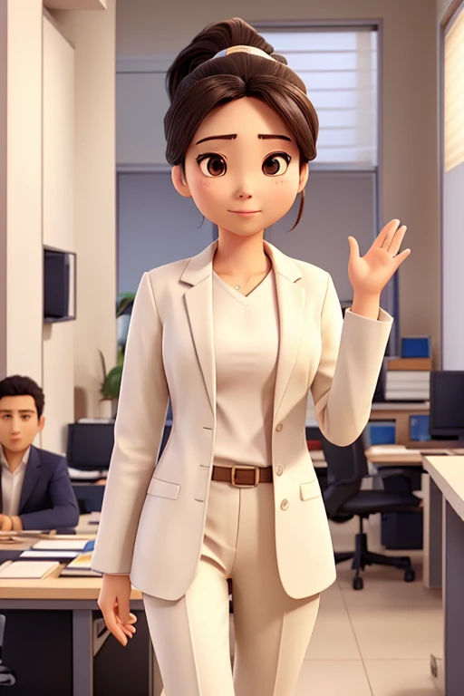 Asian woman, ponytail hair, white office coat, beige shirt, white office pants, raising and waving her hand to an Asian man at a distance