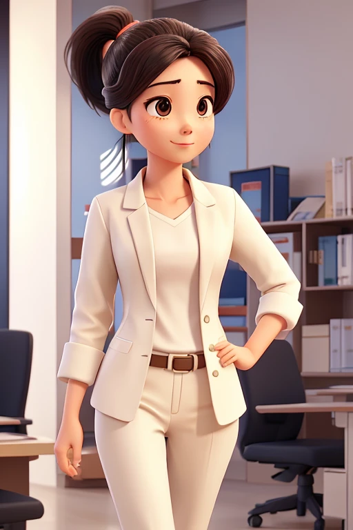 Asian woman, ponytail hair, white office coat, beige shirt, white office pants, raising and waving her hand to an Asian man at a distance