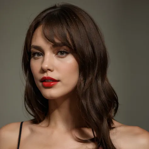 1 solo girl, brunette smooth hair, red lips, head, looks straight ahead