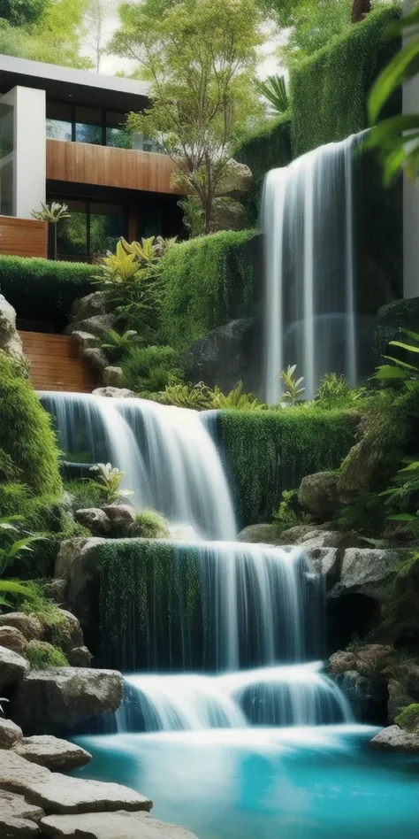 modern villa- forest- magical- realistic- waterfall