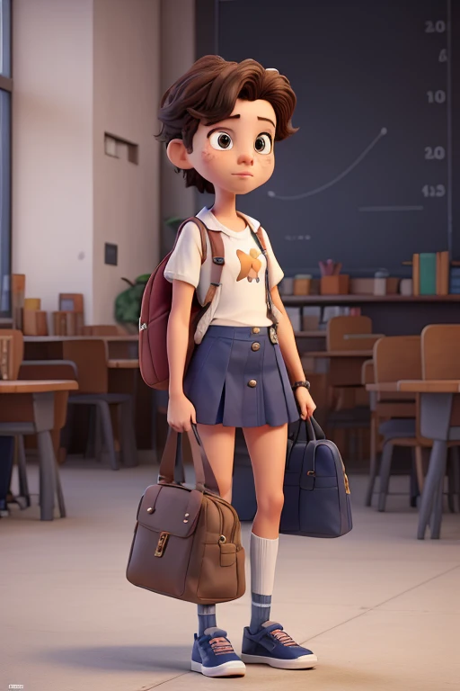 charachter, name: Catarina, kor: 13 year old, Appearance: skinny, perfectbody, badass clothing: schoolar uniform (white  shirt, Navy blue skirt), duffel bag, body hair: far away, moreno claro, Loose, Facial expression: Slightly nervous, mas determinada.