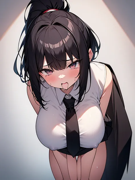 NSFW:1.9. Mature women　Blowjob:2.4　Open your mouth wide and take the penis in your mouth:2.4　Anime drawing with vivid colors Tall woman:1.9. White collared sleeveless shirt　Black Skirt　White underwear boobs　Big breasts, sweat, troubled face, glaring, wrink...