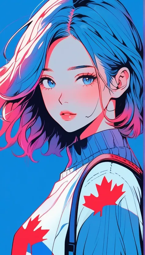 Illustrator, Anime , Realistic ,sketch , 1girl in, ,lip, order, Blue gradient background, Neon Hair,textured crop, Canadian, (masutepiece,Best Quality)