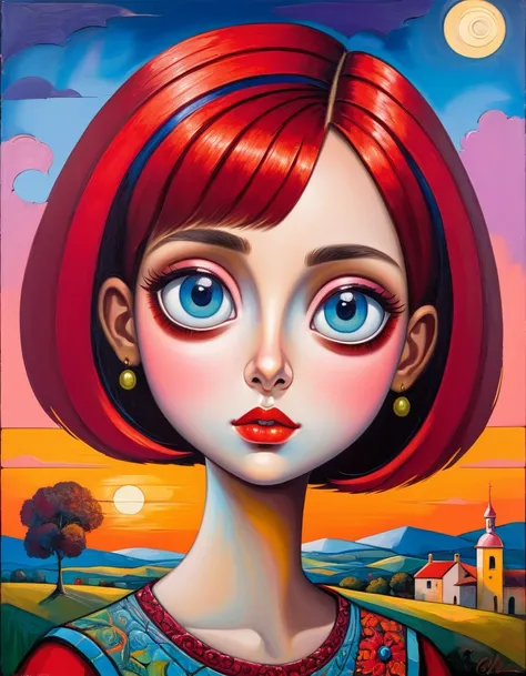 [(front portrait: pretty teen girl  with big eyes and a short red bob)((Mordecai-Ardon style)))::20]/[background:landscape
 Baroque (moonlight sunset), style Rafael Santi], naive art, primitivism, protogen, crimson/liliac, very colorful,((oil painting)),((...