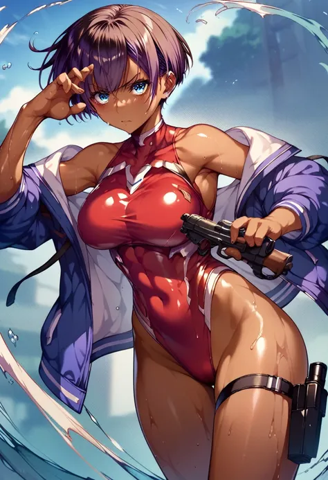 　　(((((Dark brown skin)))))) 　(((Shigure Ui)))　明日香,blue eyes　Ready your gun?　and　rifle　purple hair　pixie cut　　Love juice 　Red leotard　Wet crotch　　 fighting stance　