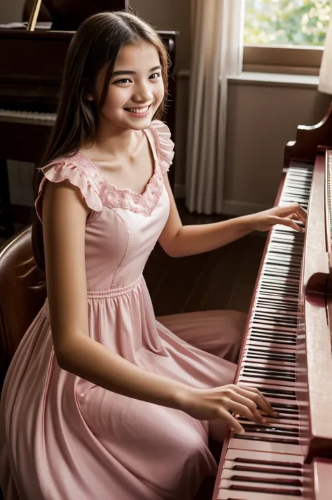 4K Photo: A teenage girl dressed in a long pink dress is sitting and playing the piano with a smiling face.