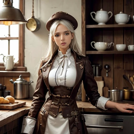 A photorealistic picture of a white-haired, European steampunk female chef ((Jessica Alba)), wearing chefs hat and brown steampunk clothes, holding a soup ladle over a stove and standing in a steampunk kitchen, beautiful