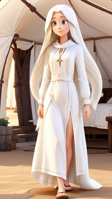 Woman with long white hair, White skin, long tunic clothing like jesus, behind a tent