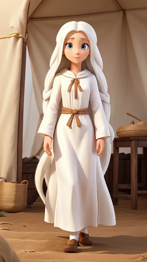 Woman with long white hair, White skin, long tunic clothing like jesus, behind a tent