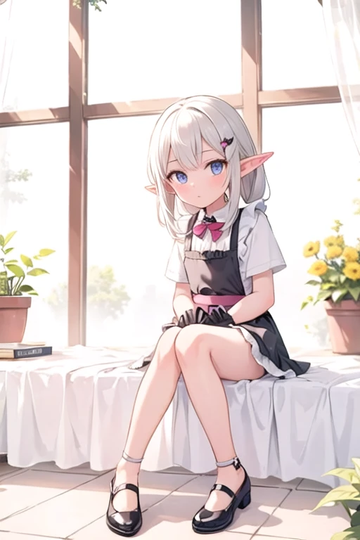 (masterpiece), One Girl, alone, shirt,  (Elf:1.6)、Gray Hair、Medium Hair,Low Twintails, (Beautiful 8 year old girl:1.6), flower, collared shirt, Hair Bun, shoes下, Long Hair, black shoes下, gloves,  apron, Holding, Sitting, hair ornaments, blush, Lips parted,...