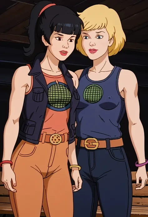 score_9, score_8, score_7, score_8_up, score_7_up, score_6_up; 
2girls: 
(((xgix,black hair,bob cut,blunt bangs,brown eyes,lipstick,bracelet, tank top, small breasts)));
(((xlinkax, blonde hair, ponytail, blue eyes, medium breasts, tank top, belt, br))); 
...