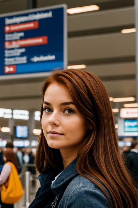 a girl, reddish brown hair at the airport in Copenhagen