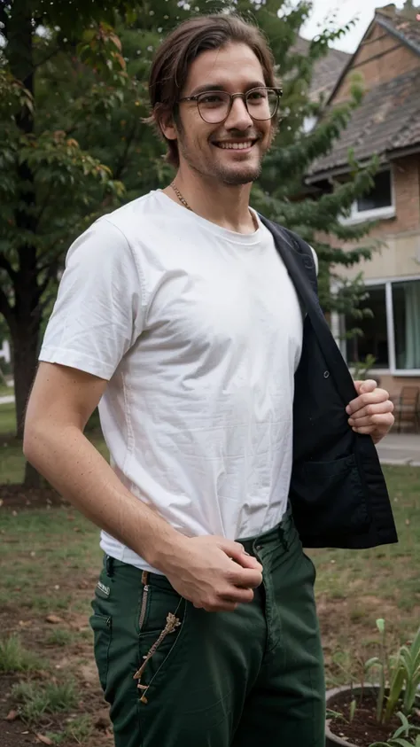 hipster man, wearing shirt and trousers, planting a tree, smile