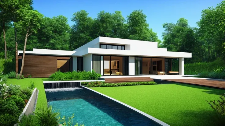 modern villa- forest- magical- realistic- waterfall