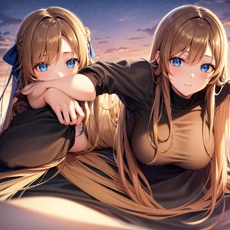 asuna,sao, crown half up hairstyle,, Top view, leaning forward, 1 girl, light brown hair, happy, human hands, large breasts, beautiful detailed blue eyes, black Clothes, dusk sky, dusk, sunset,