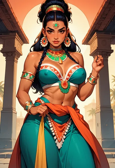 beautiful Aztec woman, dressed in a traditional Mexican dress with a mix of colors, extremely fitted, with a large neckline that reveals her voluminous breasts; the womans suit shows off the womans large nipples; very fitted dress that marks the womans tho...