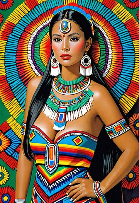 beautiful Aztec woman, dressed in a traditional Mexican dress with a mix of colors, extremely fitted, with a large neckline that reveals her voluminous breasts; the womans suit shows off the womans large nipples; very fitted dress that marks the womans tho...