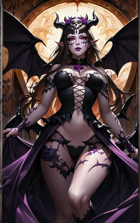 from below, 1girl, full body portrait, succubus, day of the dead facepaint and bodypaint, with legs spread wide open, open legs, demon wings, horns, scary detailed art in color, aroused expression, busty, curvy hips, sexy, alluring, posing with open legs, ...