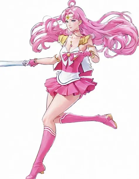 sailor girl in a pink dress and white top with a pink hair, sailor moon!!!!!!!!, the sailor moon. beautiful, pink iconic character, by Sailor Moon, sailor moon style, magical girl anime mahou shojo, inspired by Sailor Moon, pose(arms up + happy), style of ...