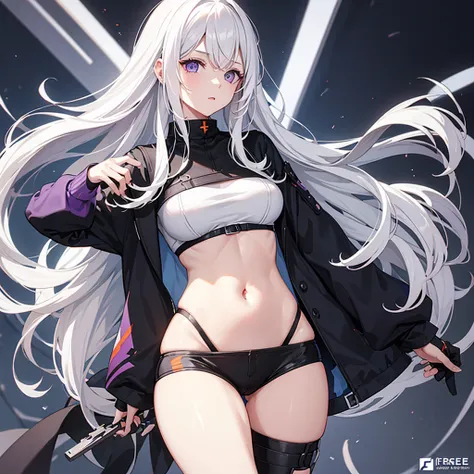 1 with loose white hair and logo photo from free fire she has purple eyes white top showing her belly 