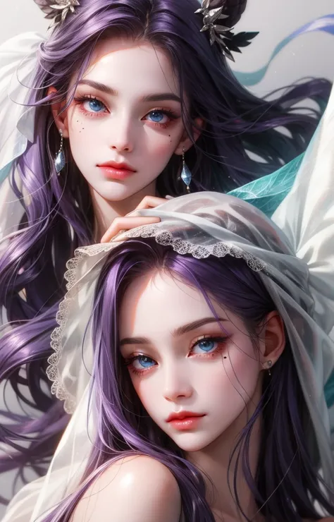 1woman, long hair, purple hair, blue eyes, sharp and big eyes, very white skin, mole under eyes, small face, full lips, unreal beautiful, ethereal, soft face, majestic.