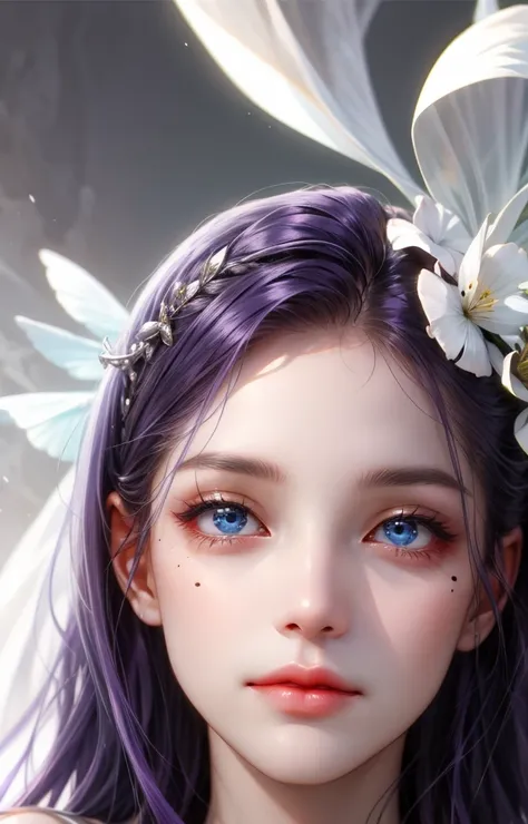 1woman, long hair, purple hair, blue eyes, sharp and big eyes, very white skin, mole under eyes, small face, full lips, unreal beautiful, ethereal, soft face, majestic.