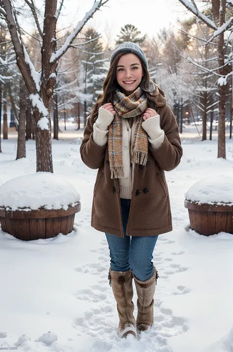 "A full-body image of a  brunette woman with freckles, looking playful and warm. She is dressed in a cozy winter coat, scarf, and boots, standing in a snowy landscape. She is holding a snowball and smiling, with a backdrop of snow-covered trees and a clear...