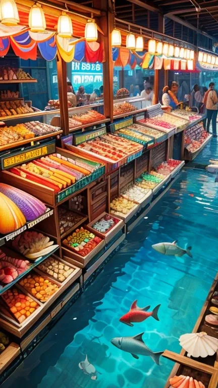 Hyper-realistic digital painting of a bustling underwater market city, where traders from across the seas come to sell their goods. Stalls made of coral and seashells are filled with exotic items such as pearls, rare fish, and marine plants. The market is ...