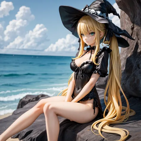 very slender. Long, blonde hair. She has green eyes. pigtails tied wearing a large witch hat. Wearing a black swimsuit, wet clothes, beach background, sitting in the beach chair 