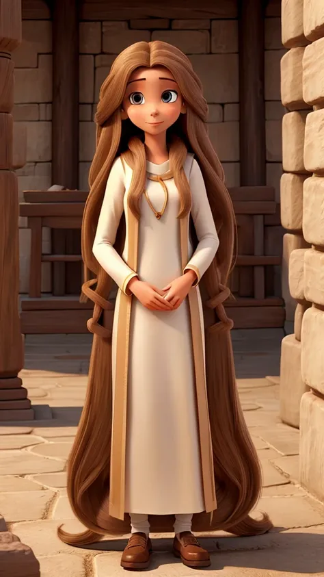 Woman with long brown monkey hair, White skin, long tunic clothing like jesus, like a judge between people