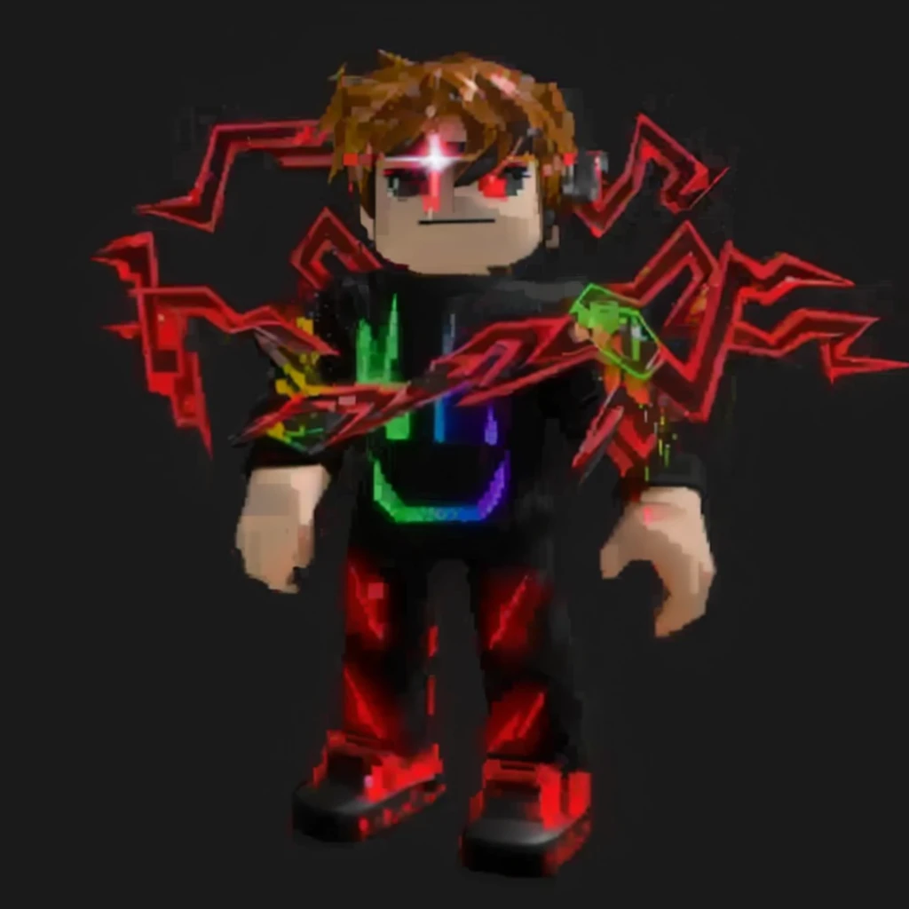 a closeup of a person with a guitar and a black shirt, Roblox avatar, completely red eyes without pupils, with glowing runes on the body, profile photo 1024px, upper body avatar, roblox, laserpunk full jumpsuit, chromatic skin, Moving Red Spike Aura, eldri...