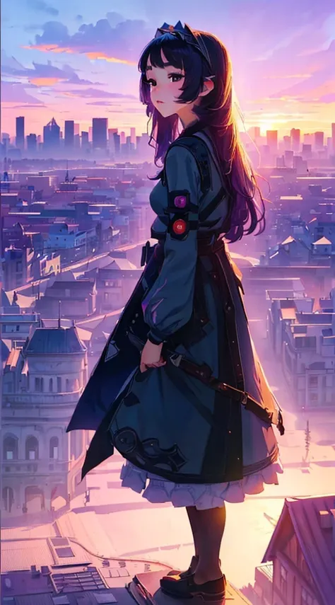 ((highest quality、masterpiece、((detailed))、sharp focus、1girl、beautiful face、young girl、 solo、long hair、cute bangs、 、elegant、 looking at viewer、standing、Isometric light、4k、city、beautiful trees、dawn sky、purple color、beautiful clouds