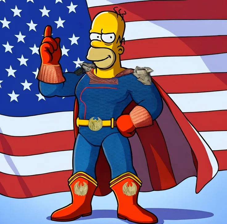 smug loooking homer simpson as homelander from the series the boys