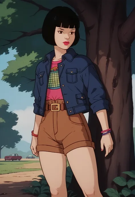 score_9, score_8, score_7, score_8_up, score_7_up, score_6_up, solo, xgix,1girl,black hair,bob cut,blunt bangs,brown eyes,lipstick,bracelet, shirt,jacket,belt,brown shorts, in wood, standing by tree, bending over, ass,